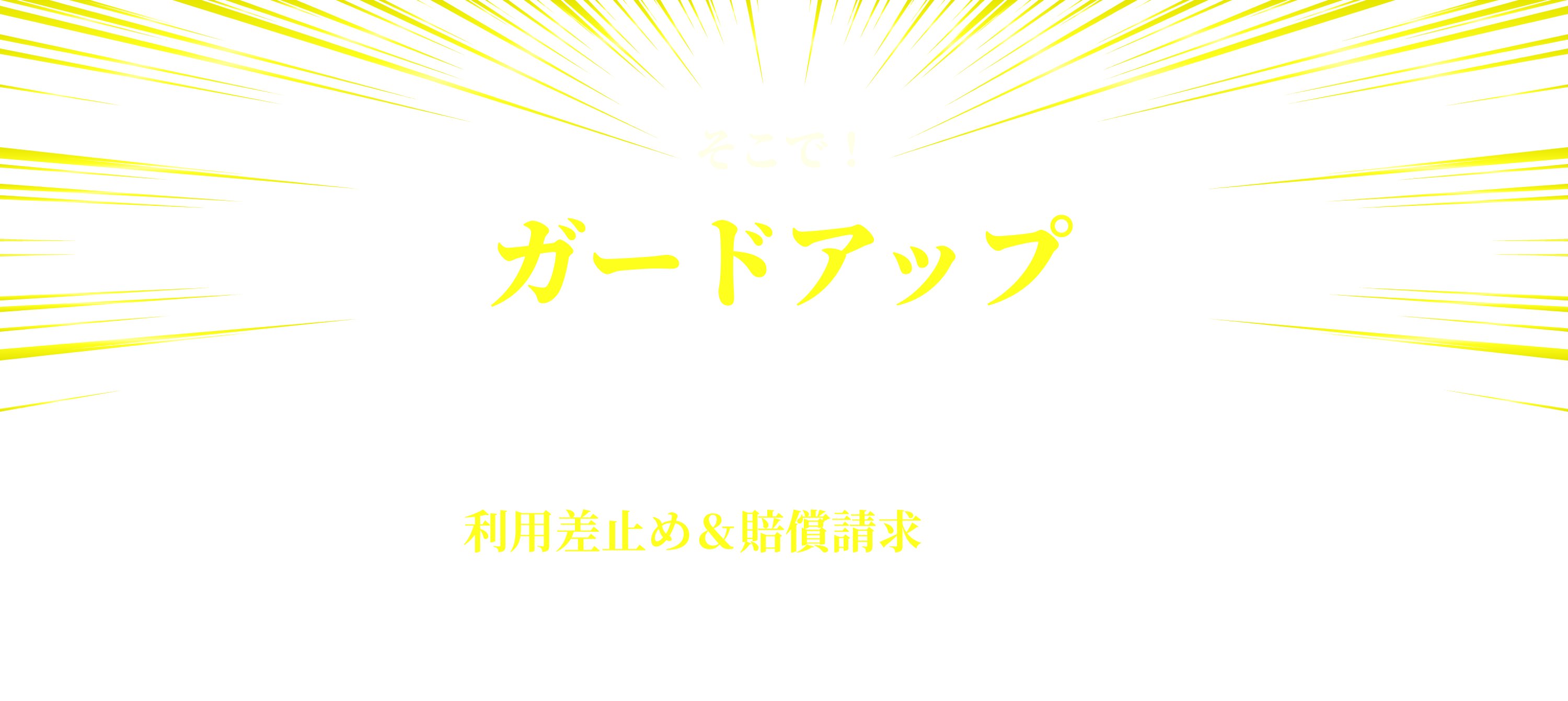 そこで！ガードアップ　本サービスがあなたに代わって、無断利用者に対して利用差止め＆賠償請求を行い、大切な画像の価値を回復。今までの損失を補填します。